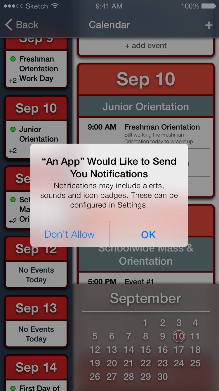 Calenday app main view with sample push notification displaying.