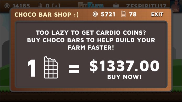 A view of the Choco Bar Shop in FitFarm where players can pay real-world currency to expedite their farm's progress.