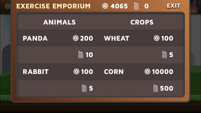 A view of the FitFarm shop where players can buy supplies to build their farm.